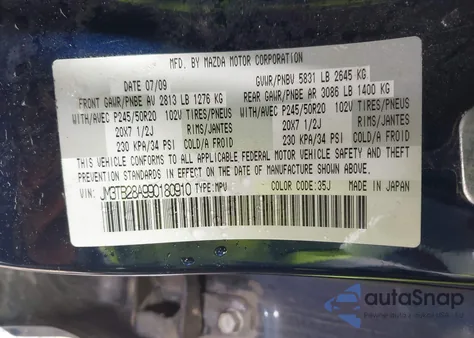 2009 Mazda Cx-9 Grand Touring из США, поврежденный, VIN JM3TB28A990180910